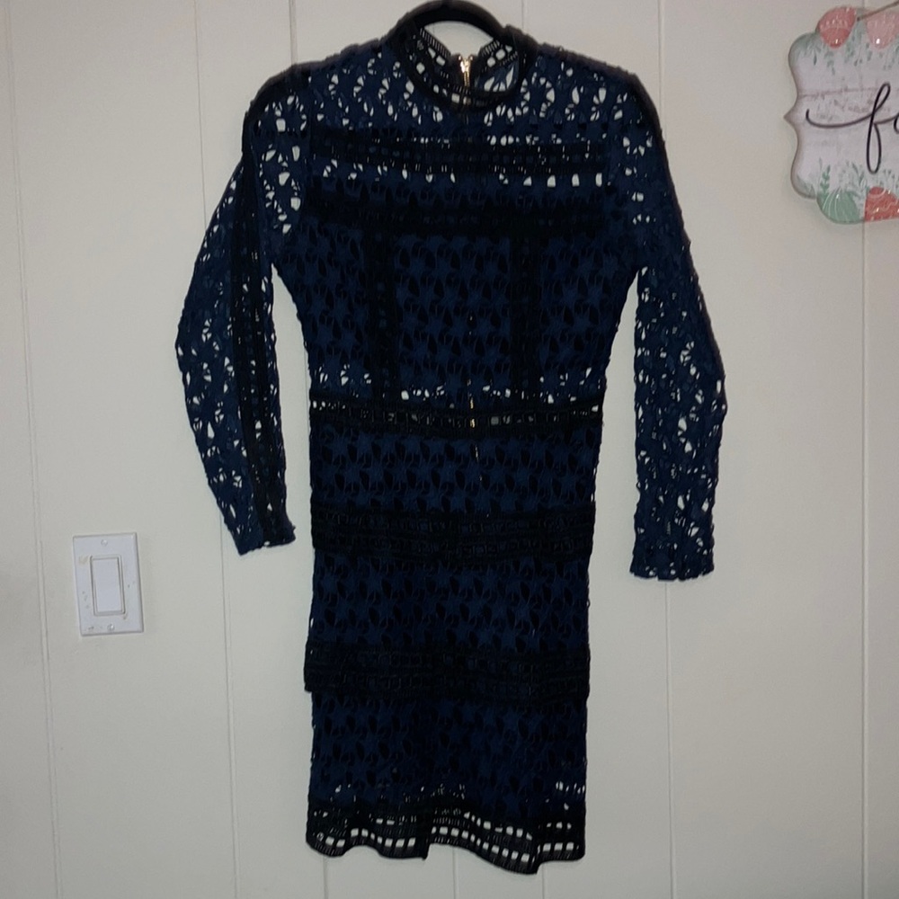 Detailed Black and cobalt blue macrame lace tiered mini dress